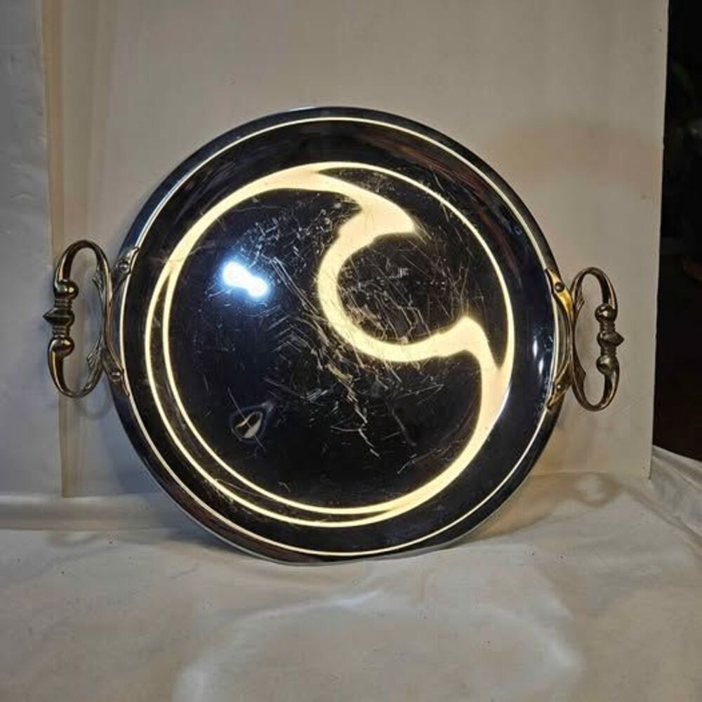 Vintage Round Chrome Serving Tray with Gold-Tone Handles